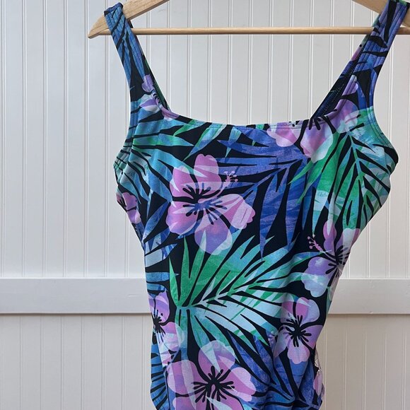 TYR One Piece Swimsuit Tropical Flowers Leaf Pattern Pink Purple Green - Picture 1 of 11